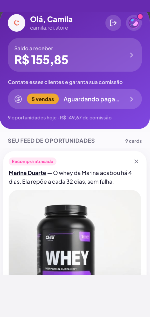 Tela de oportunidades da RediShop com recomendações para vender mais