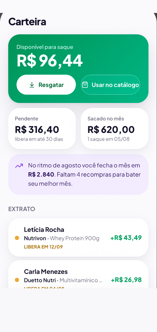 Tela da carteira da RediShop com saldo, vendas e comissões