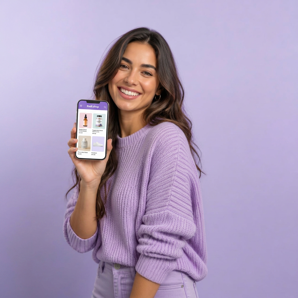 Mulher mostrando seu catálogo de produtos no celular