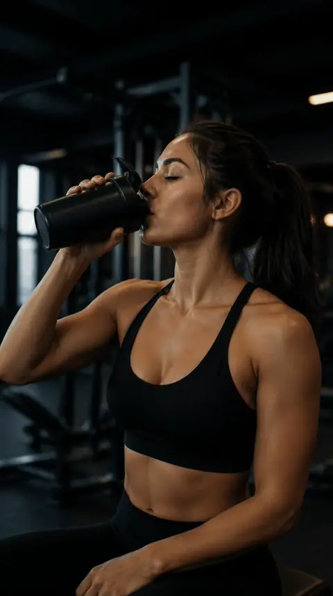 Vídeo de uma mulher tomando shake na academia